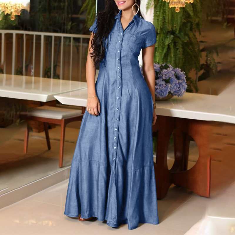 Vestido largo vaquero de color liso con cuello polo para mujer de talla grande
