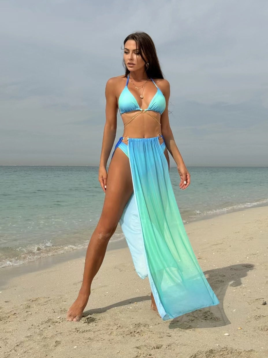 Women Sexy Gradient Mesh Drawstring Strap Bikini Set