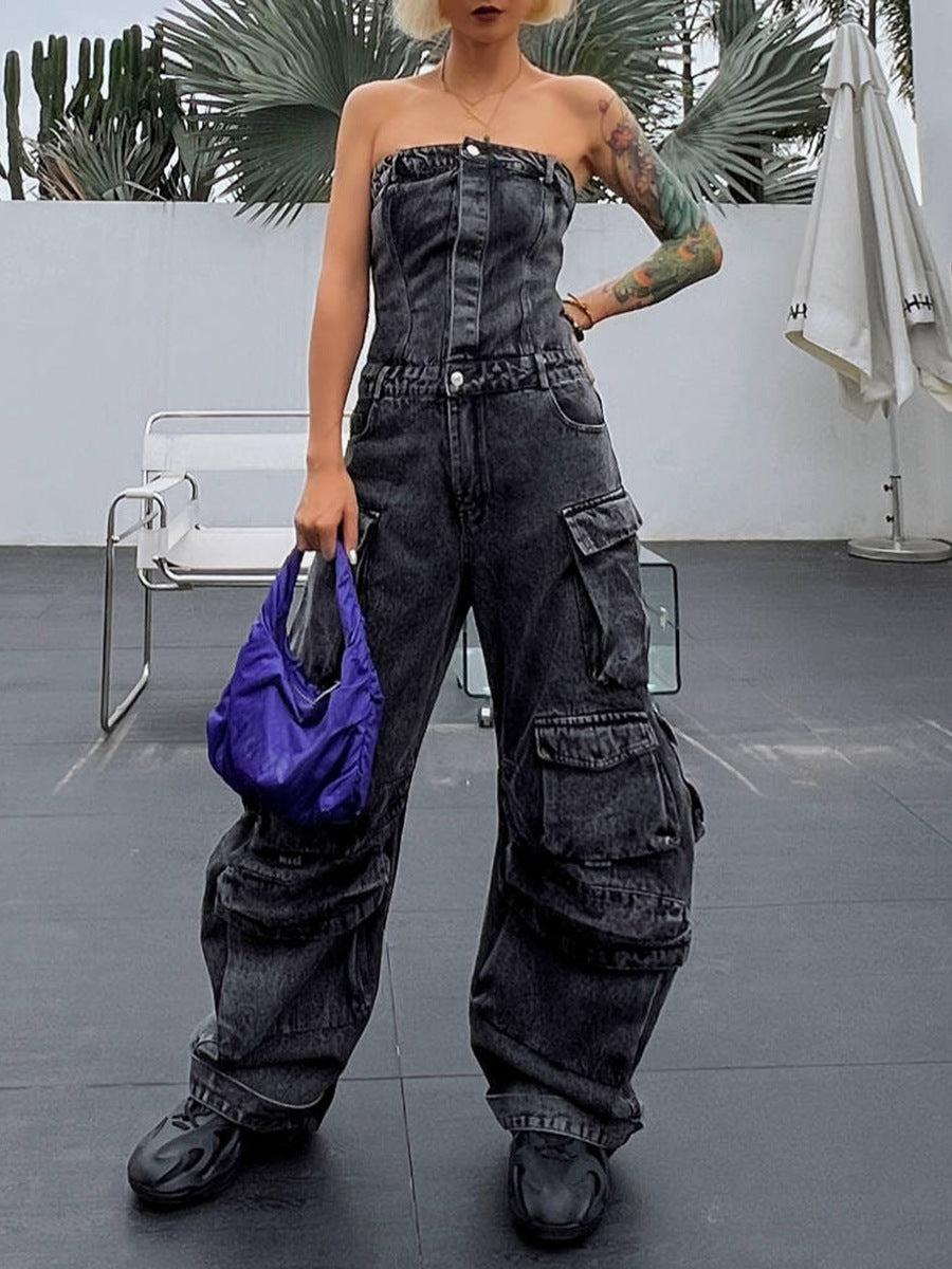 Fashion Street Women Strapless Multi-Pocket Denim Jumpsuit