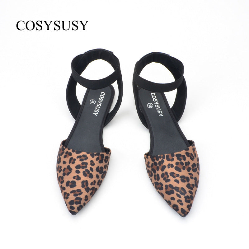 Women Chic Vintage Pointed Toe Leopard Flat Ankle Strap Sandals