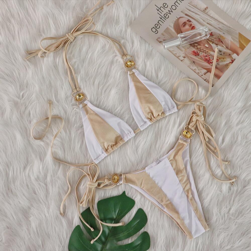 Vacation Women Sexy Rhinestone Contrast Bikini