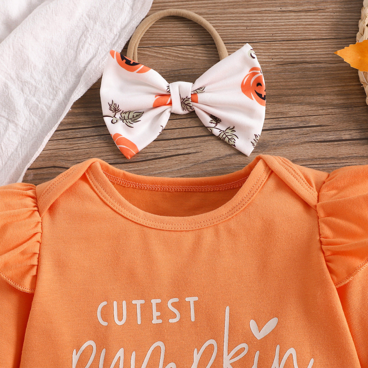 Conjunto de mameluco de manga larga con estampado de calabaza informal para niñas pequeñas