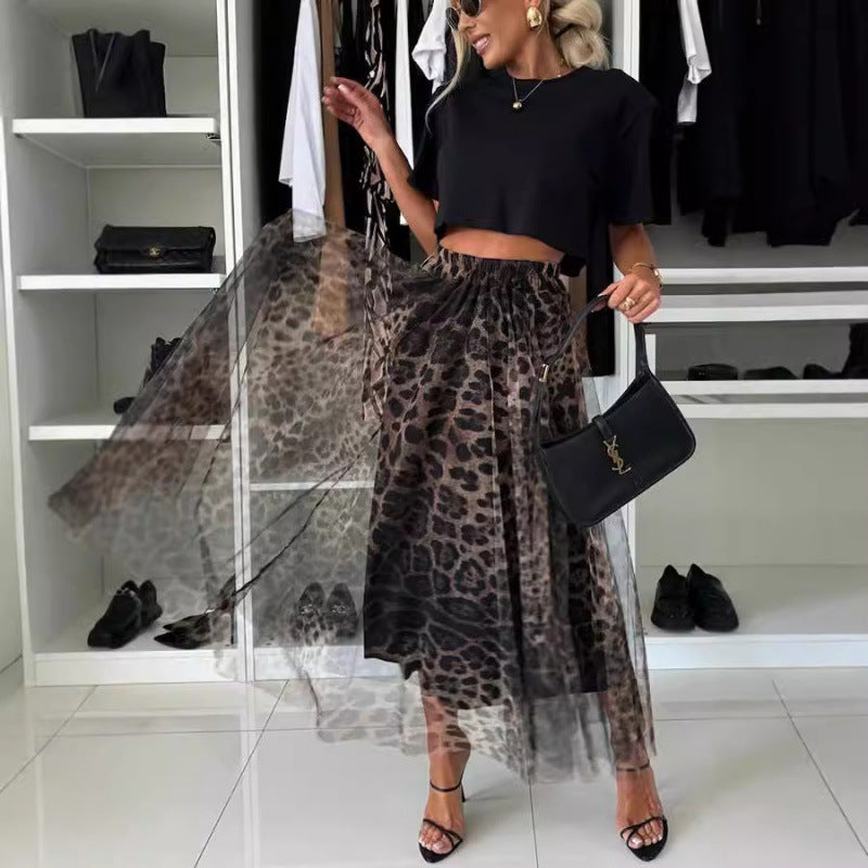 Falda de gasa con estampado de leopardo y malla de moda para mujer