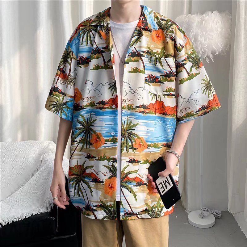 Camisa informal vintage con estampado de flores diminutas para hombre