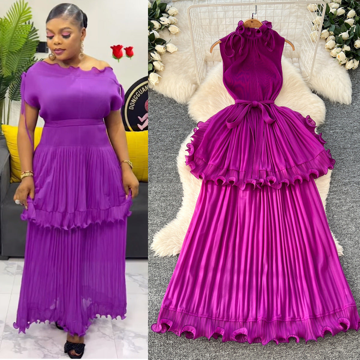 African Women Summer Pleated Ruffled Maxi Dress