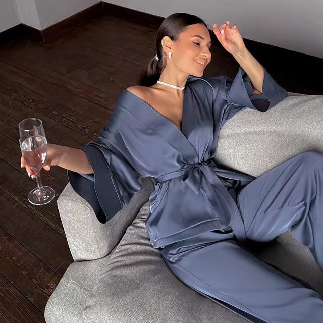 Women Solid Satin Long Sleeve Loose Lace-Up Pajamas Two Piece Set