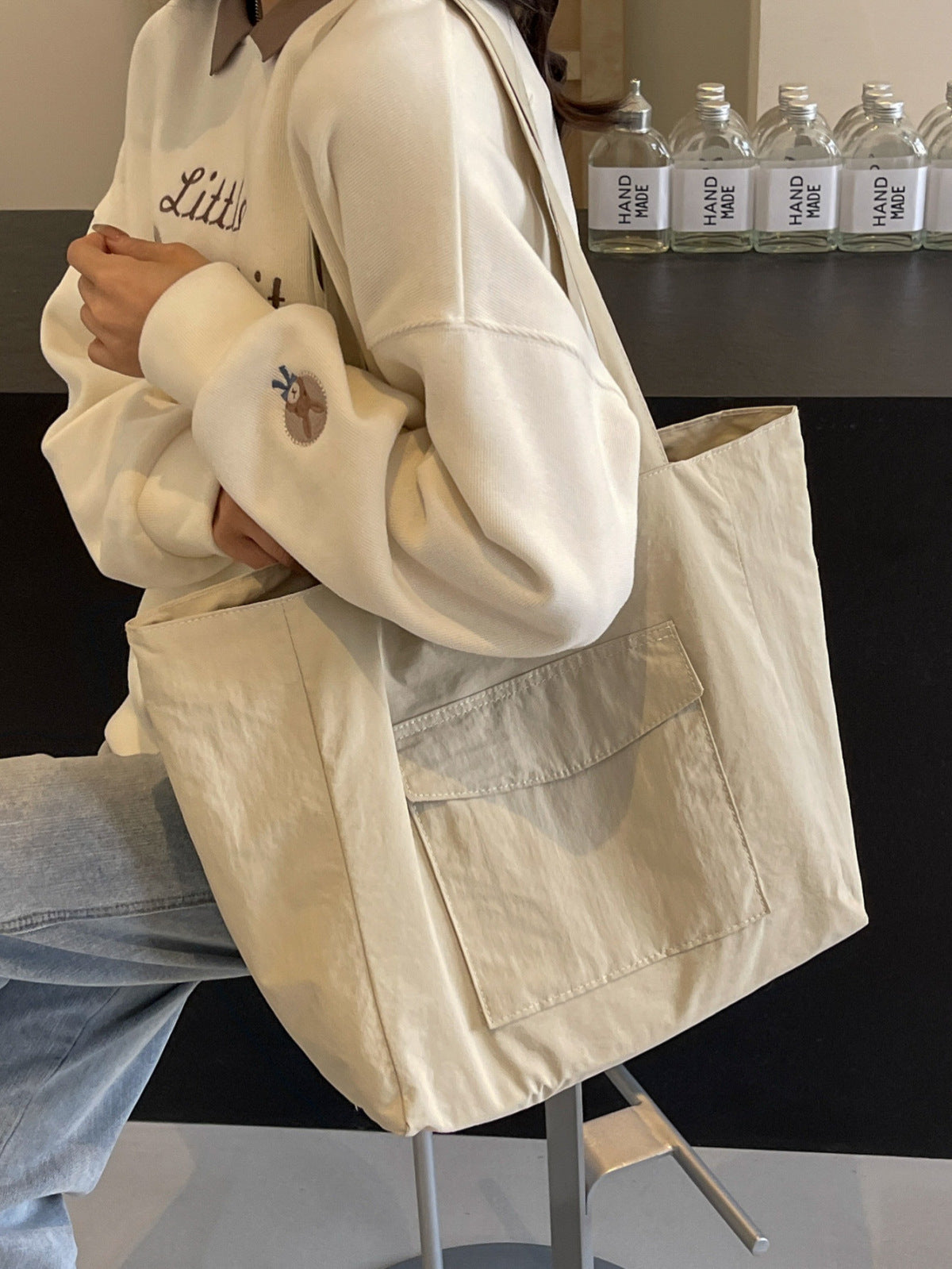 Bolso tote de nailon de gran capacidad, sencillo y de color sólido para mujer