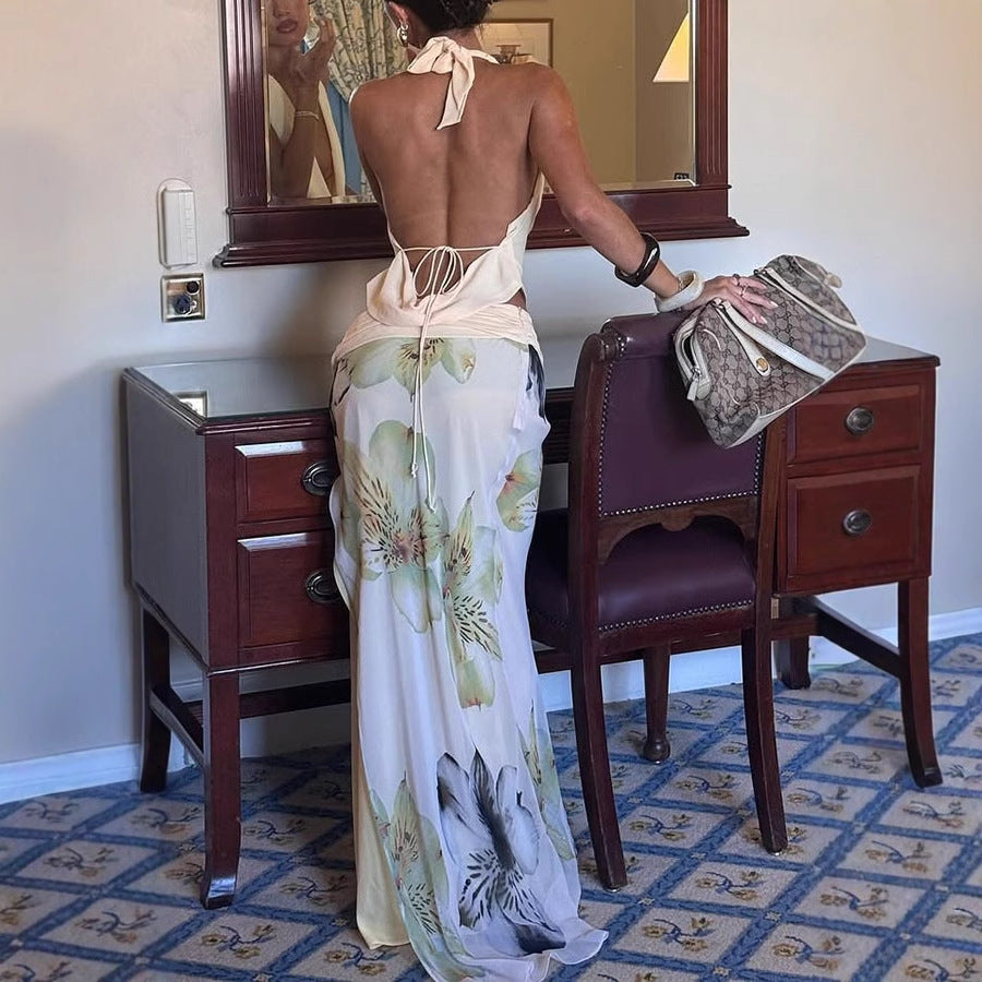 Women Sexy Backless Neck Top Printed Long Dress
