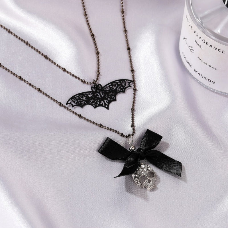 Collar retro de Halloween con lazo y calavera de murciélago para mujer