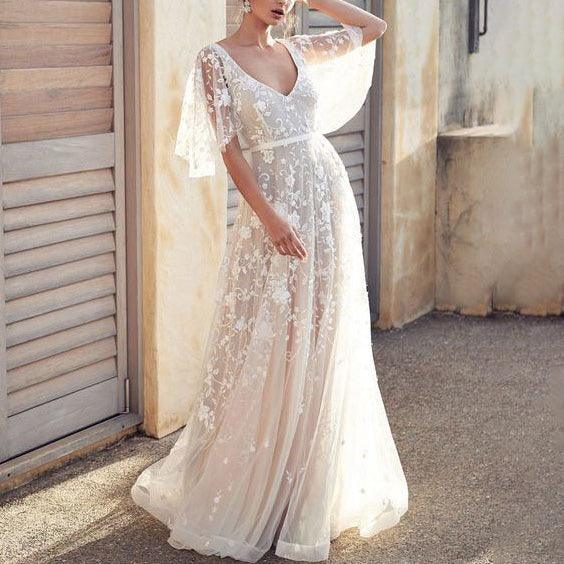 Women Elegant Lace Embroidered V-Neck Backless Party Dress