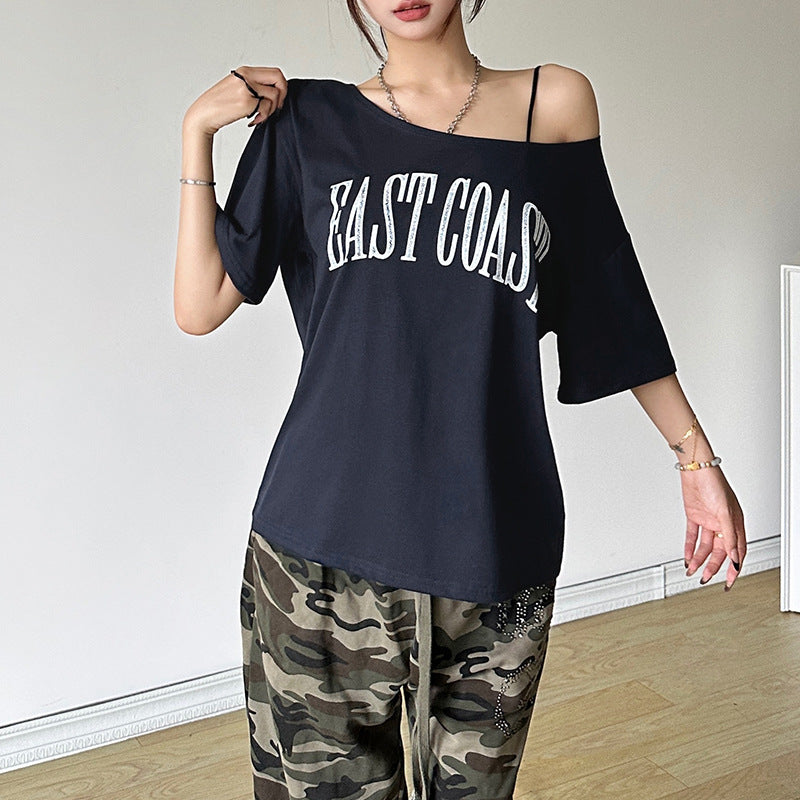 Camiseta de manga corta con estampado de letras de moda urbana de verano para mujer