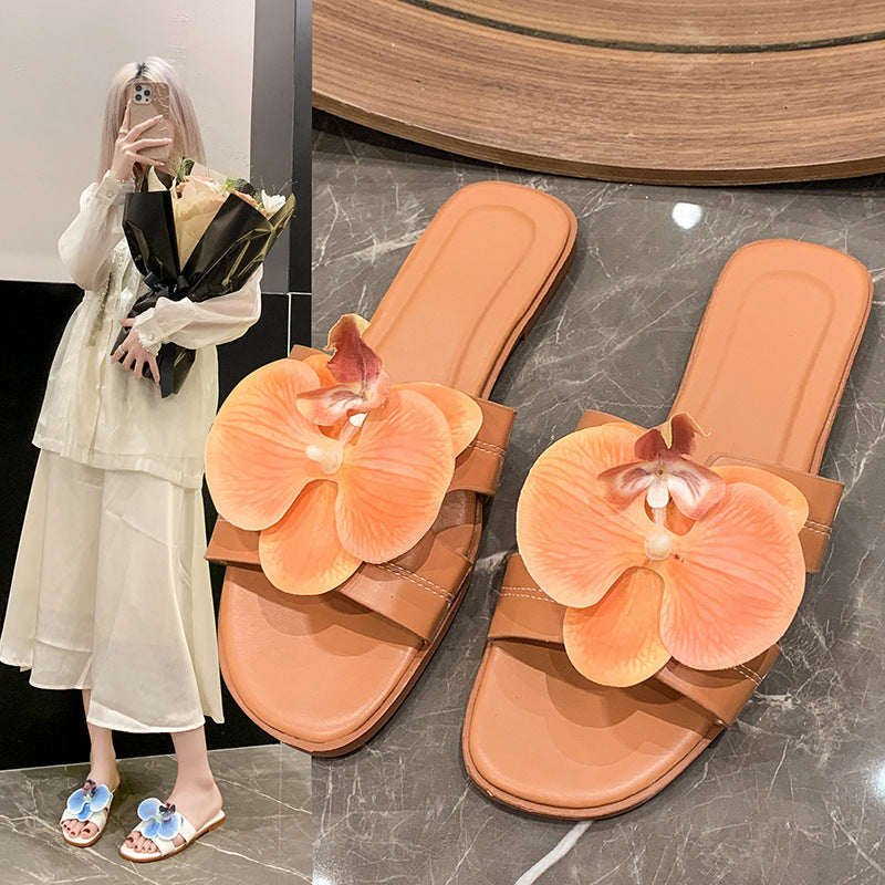 Women Summer Vacation Flower Decor Flat Slippers