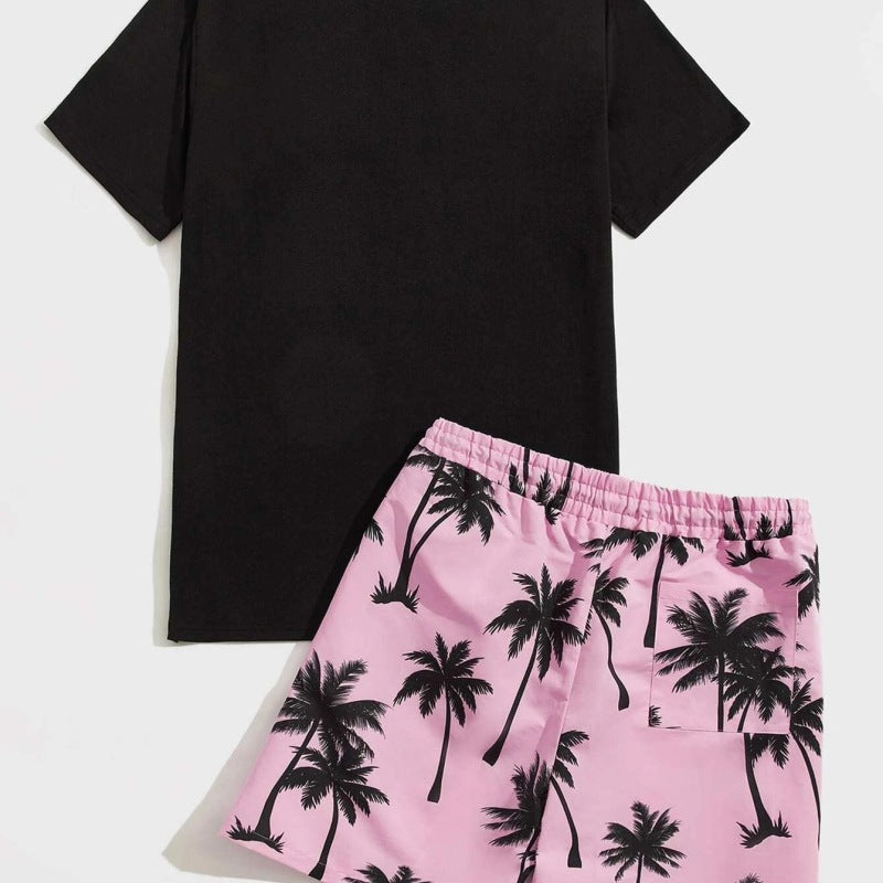 Hawaiian Casual Vacation Men Cotton Coconut Tree T-Shirt Set