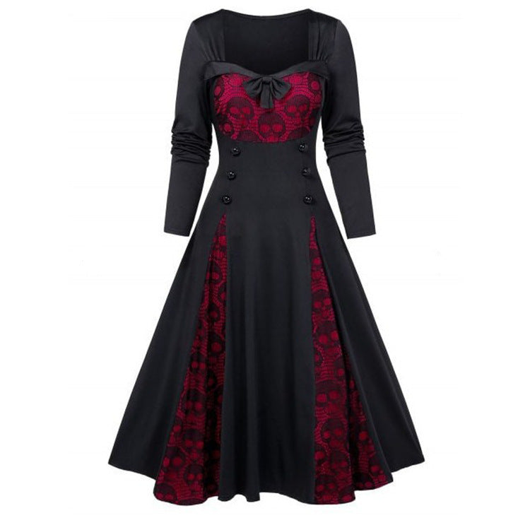 Women Gothic Skull Lace Stitching Color Contrast Dress