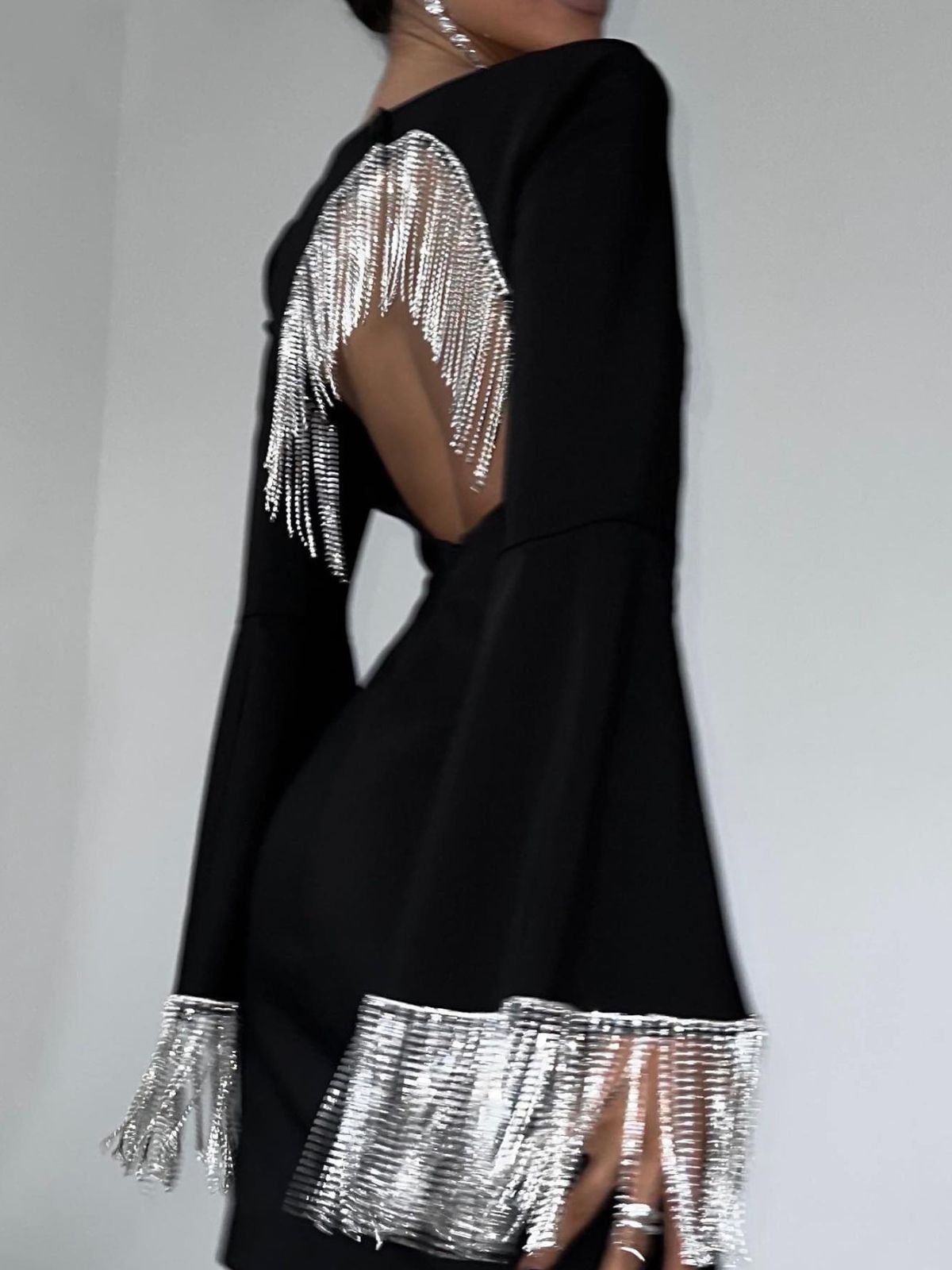 Women Fashion Sexy Square Collar Back Hollow Tassel Dress