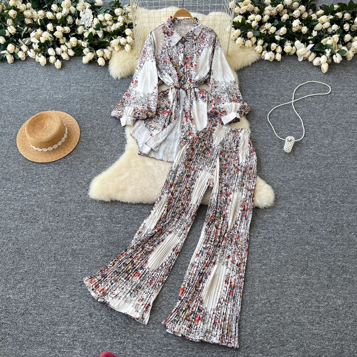 Women Casual Printed Blouse and Wide Leg Pants Set