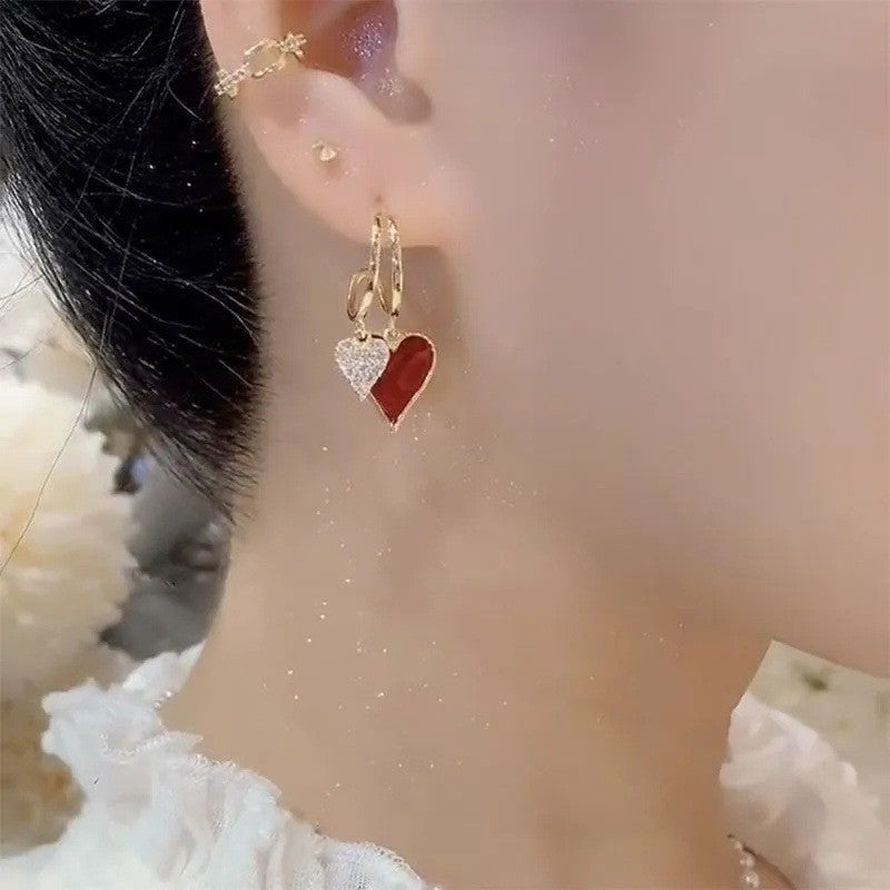 Women Fashion Heart Zircon Red Love Earrings Acrylic Geometric Style