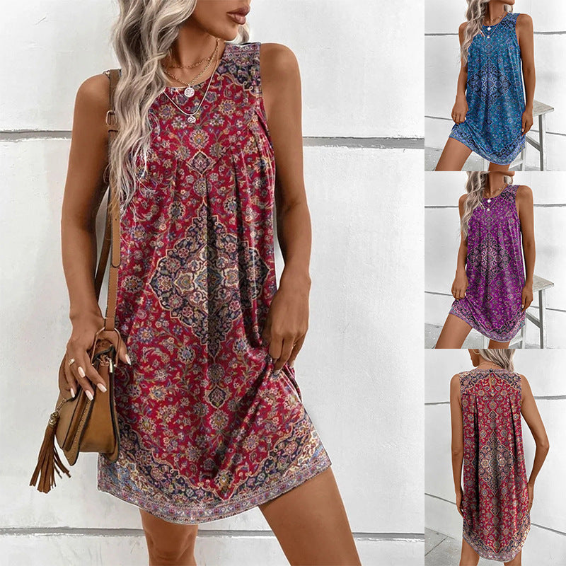 Robe fleurie sans manches à col en U pour femme, style bohème, idéale pour les vacances