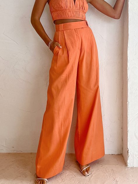 Pantalones anchos de lino y algodón con cintura alta informales a la moda para mujer