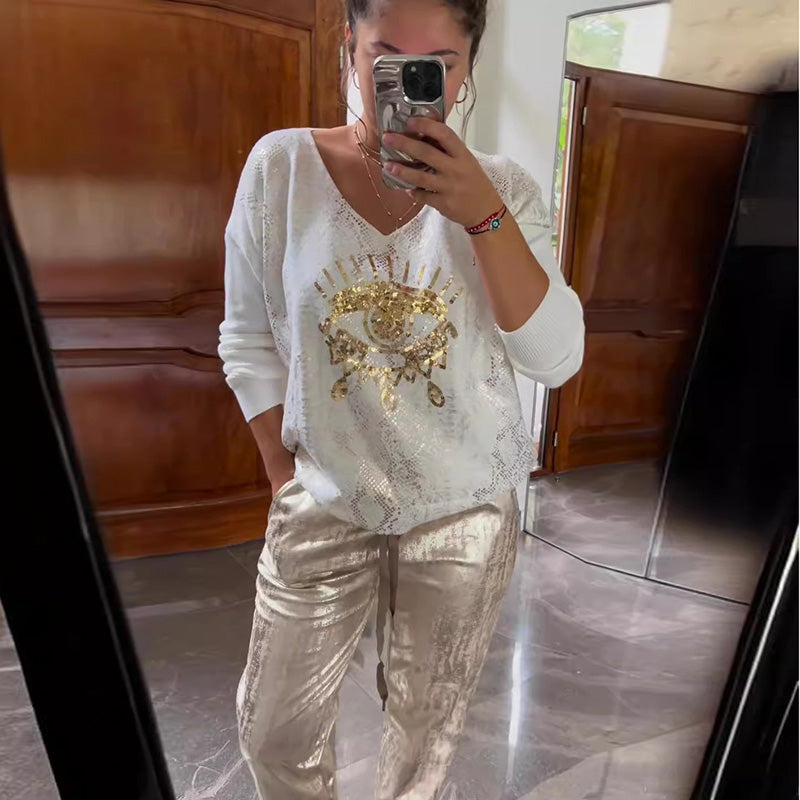 Conjunto de top bronceador con diseño de ojo malvado informal a la moda para mujer