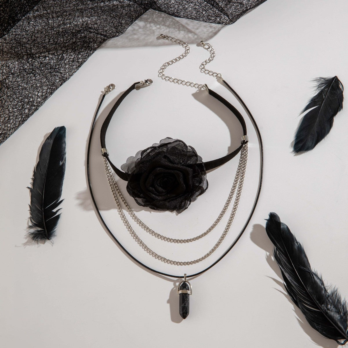 Gothic Dark Lace Rose Multilayer Necklace