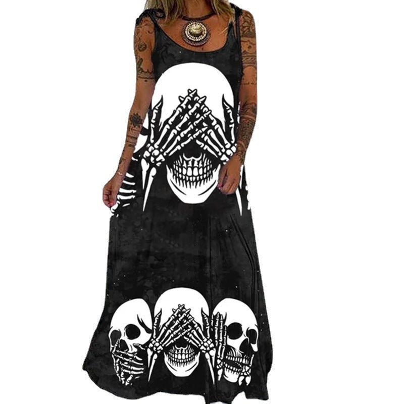 Vestido largo holgado con estampado de calavera de Halloween para mujer, estilo bohemio informal