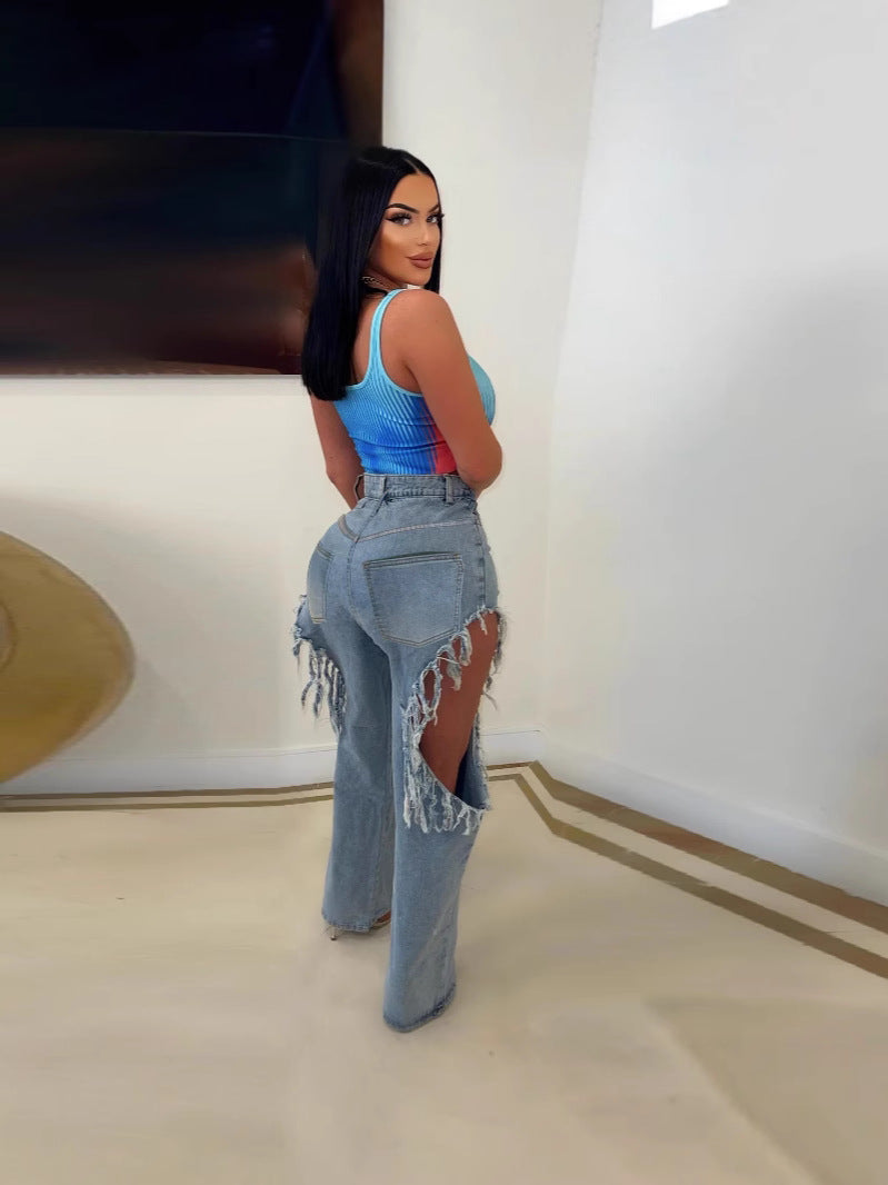 Women Fashion Sexy Ripped Straight Jeans