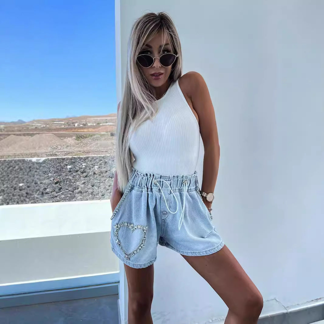 Pantalones cortos vaqueros de cintura alta con diamantes de imitación para mujer
