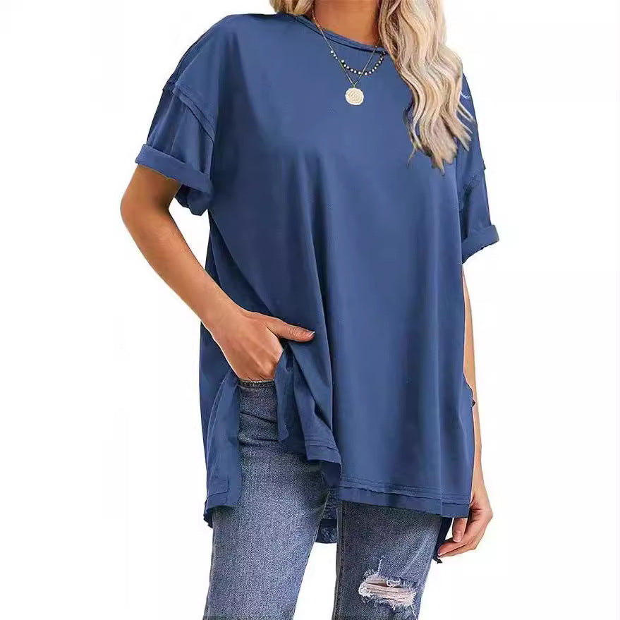 Women Casual Solid Crewneck Loose Tee in Cotton
