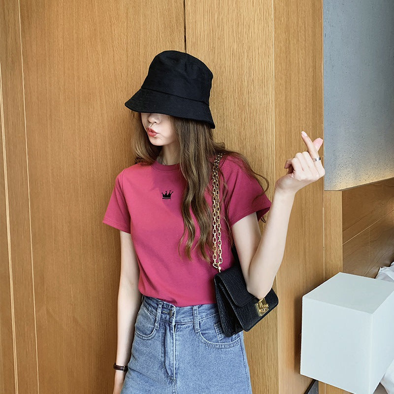 Women Fashion Casual Solid Color Embroidered Crewneck T-Shirt