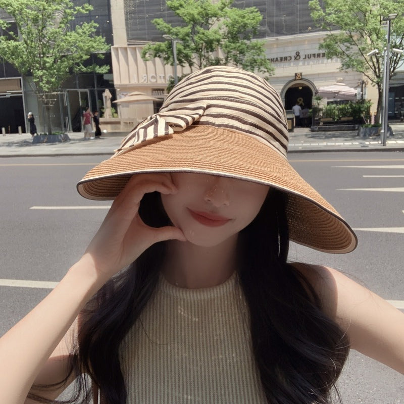 Sombrero de paja tejido con lazo a rayas para mujer, moda de verano