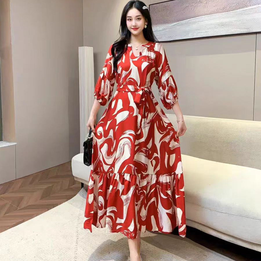 Vestido informal de gasa con cuello en V y estampado para mujer