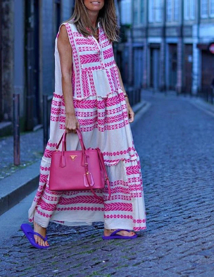 Vestido largo sin mangas con cuello en V y estampado geométrico bohemio de verano para mujer