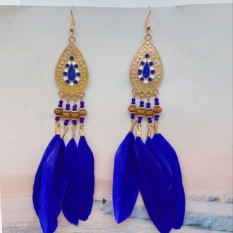 Boucles d'oreilles pendantes bohèmes vintage en perles et plumes