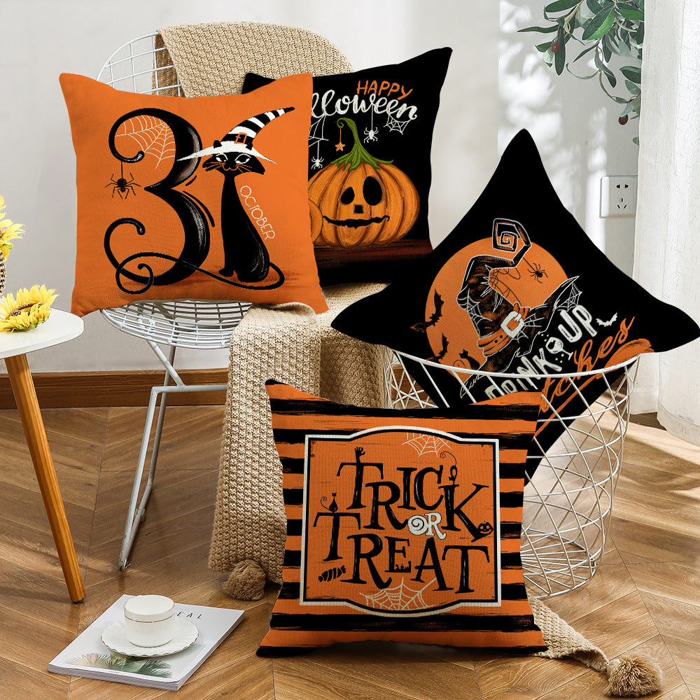 Halloween Cartoon Pumpkin Cat Witch Hat Sofa Cushion Cover