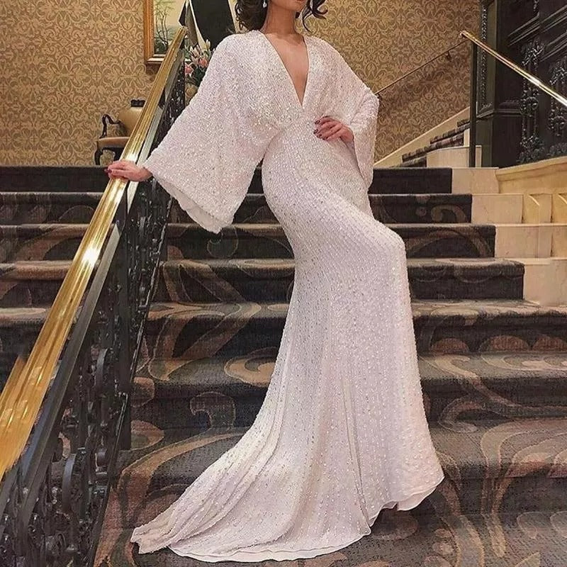 Women Fashion Elegant Sequin V-Neck Long Sleeve Dress