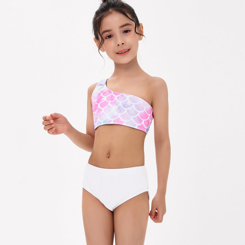 Traje de baño de tres piezas con estampado de sirena para niña
