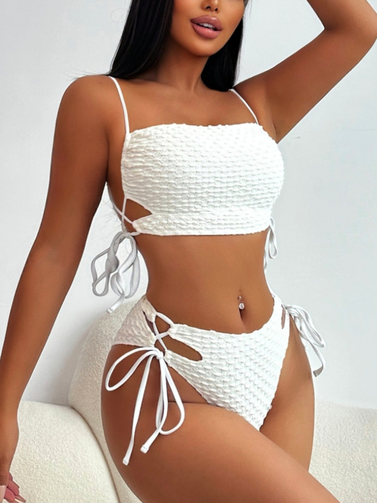 Maillot de bain sexy en dentelle avec cordon de serrage et couleur unie pour femme