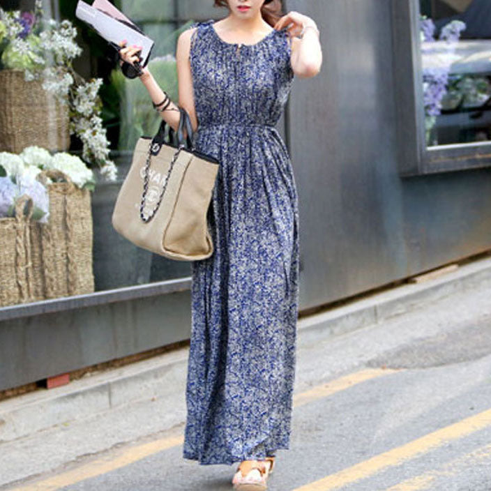 Women Fashion Boho Tiny Floral Printing Sleeveless Maxi Dress