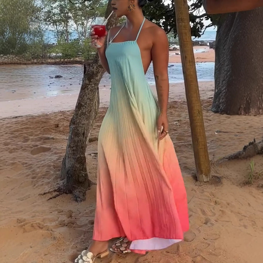 Robe dos nu à col licou et dégradé tendance pour femme en polyester