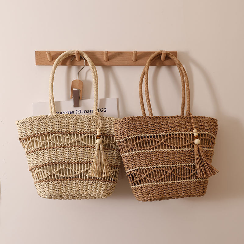 Bohemian Holiday Hollow Straw Woven Tassel Tote Bag