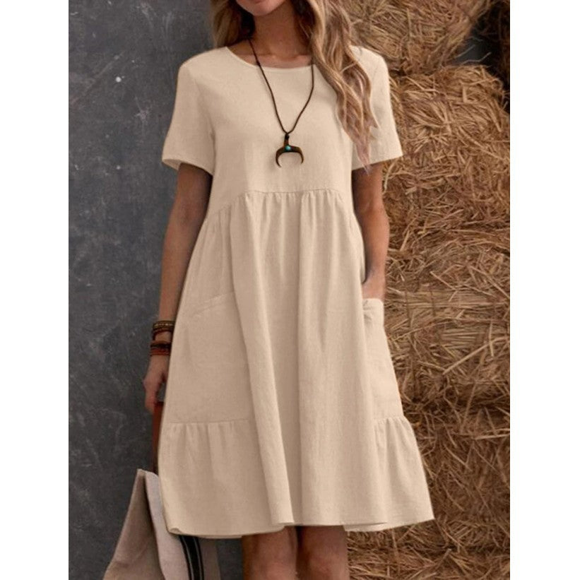Vestido informal holgado de lino y algodón con cuello redondo para mujer