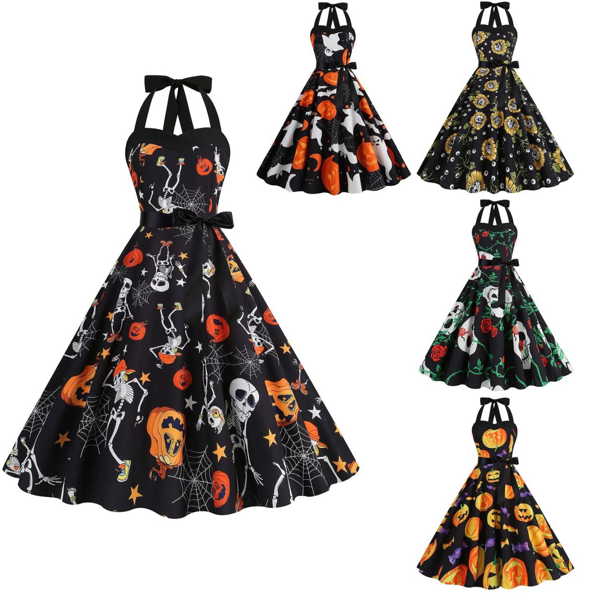 Robe d'Halloween à imprimé citrouille et toile d'araignée pour femme