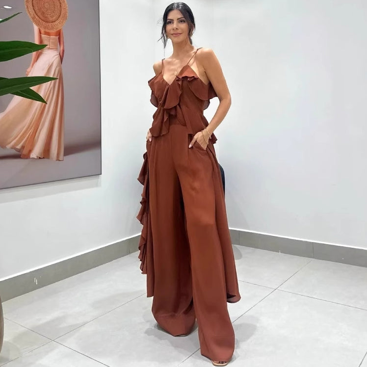 Summer Women Fashion Solid Color Chiffon Ruffled Top and Pants Two-Piece Set