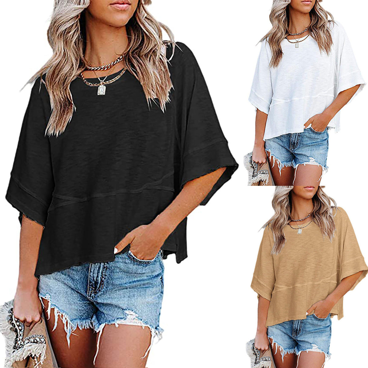 Casual Round Neck Blank T-Shirt for Women in Solid Colors