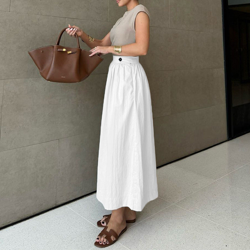 Falda midi informal de lino y algodón de color liso para mujer