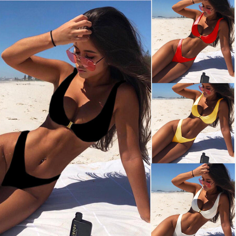 Conjunto de bikini de tela de doble capa con cierre de oro macizo para mujer