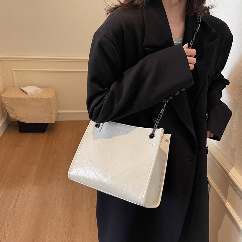Sac fourre-tout décontracté en cuir de couleur unie pour femme, grande capacité