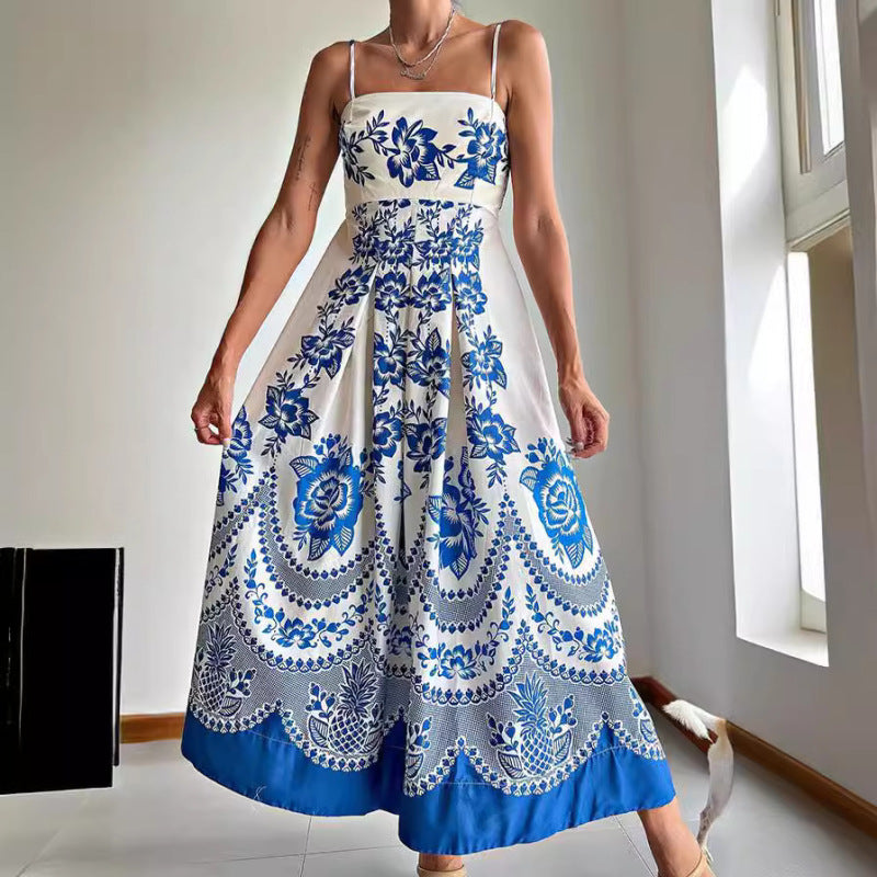 Vestido largo bohemio con tirantes y estampado informal para mujer en azul