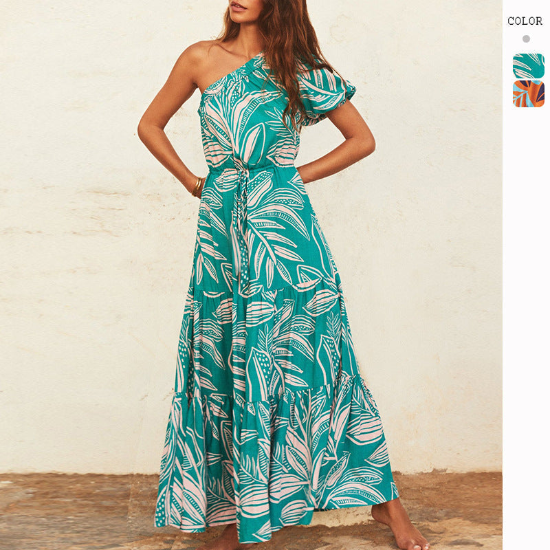 Women's Slant Shoulder Boho Tiny Flower Casual Maxi Dress